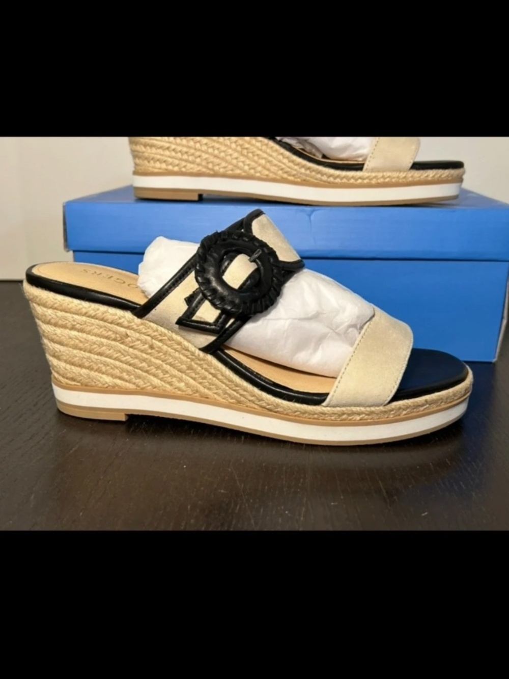 Jack Rogers Callie Buckle Wedge Sandals Shoes Ivory/Black Womans 8